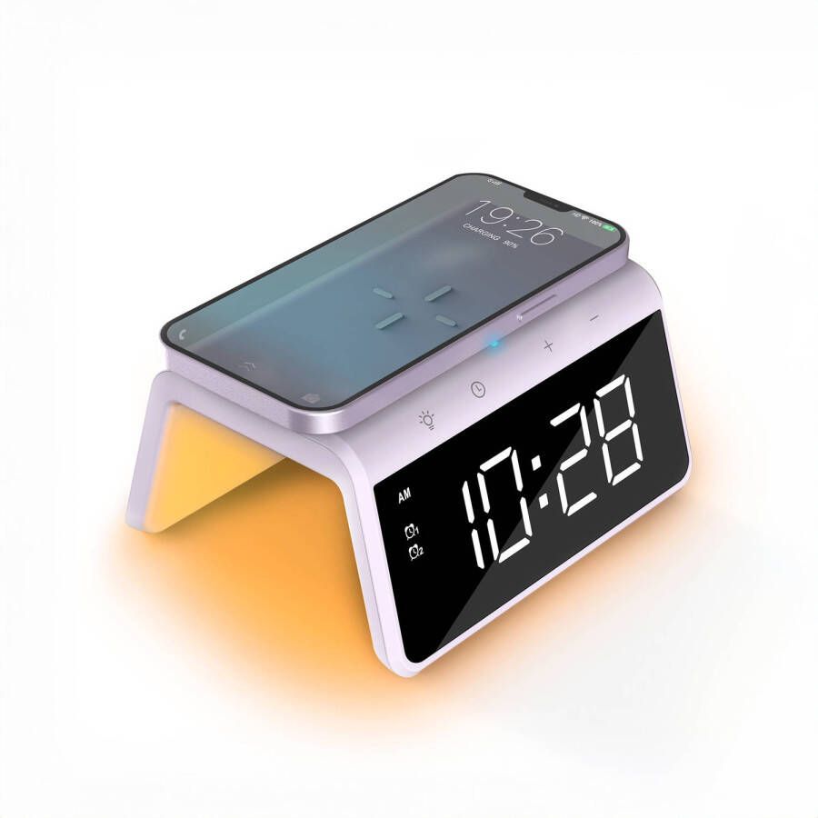 Caliber Digitale Wekker met Draadloze Oplader Wake Up Light Digitale Klok Dimbaar Twee Alarmen geschikt als kinderwekker Nachtlamp Kleur Paars (HCG019QI-PU)