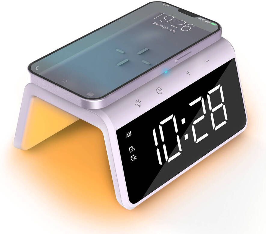 Caliber Digitale Wekker met Draadloze Oplader Wake Up Light Digitale Klok Dimbaar Twee Alarmen geschikt als kinderwekker Nachtlamp Kleur Paars (HCG019QI-PU)