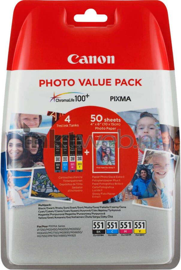 Canon CLI-551 Multipack met fotopapier zwart en kleur cartridge