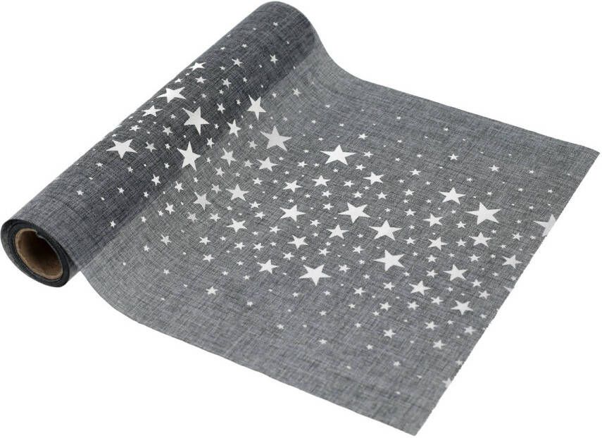 Cepewa Decoratie stof tafelloper grijs met sterren 28 x 200 cm Feesttafelkleden