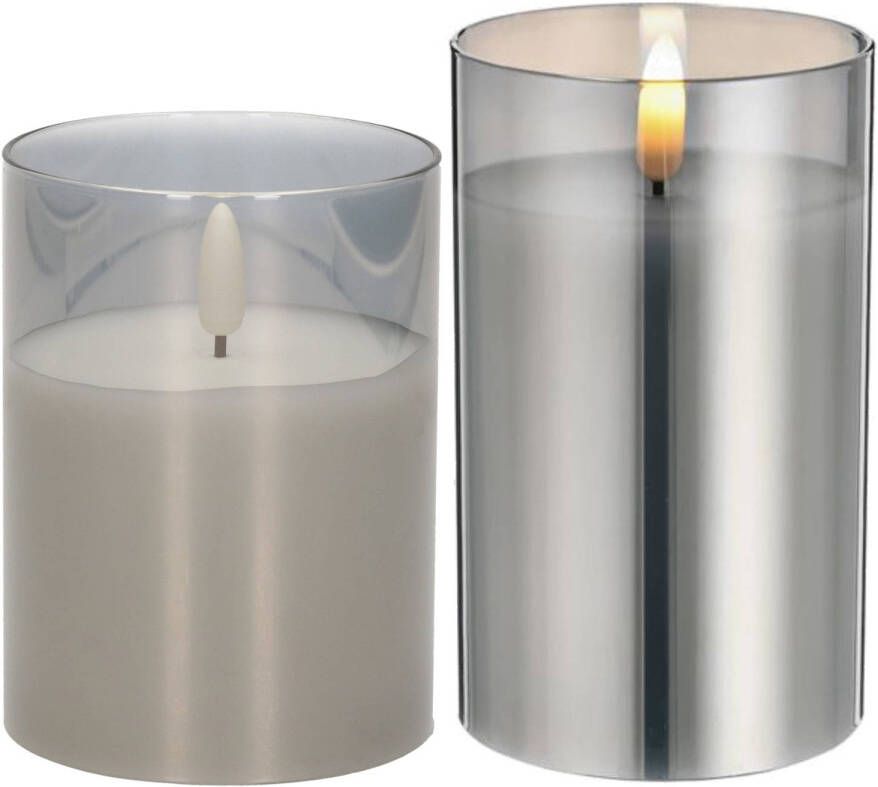 CEPEWA Set van 2x luxe led kaarsen in grijs glas 10 en 12.5 cm met timer op batterijen