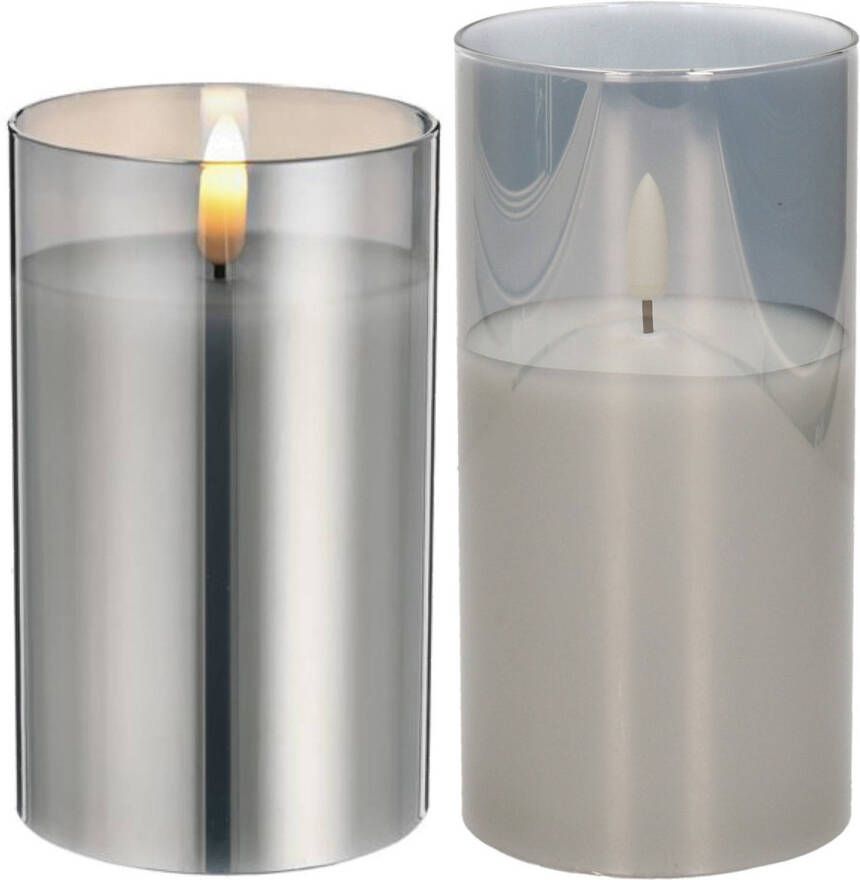 CEPEWA Set van 2x luxe led kaarsen in grijs glas 12.5 en 15 cm met timer op batterijen