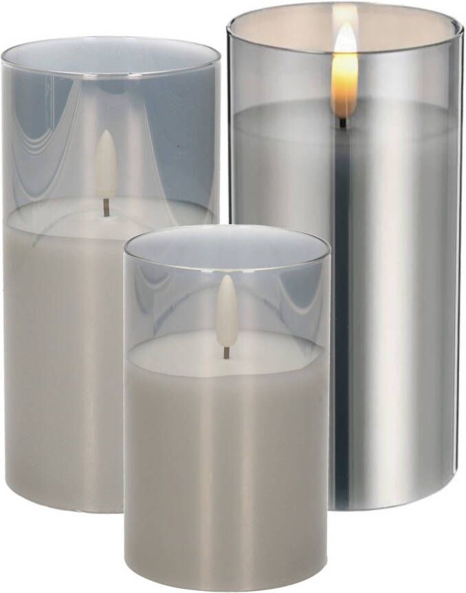 CEPEWA Set van 3x luxe led kaarsen in grijs glas 10-12.5-15 cm met timer op batterijen