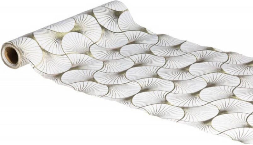 Chaks Tafelloper op rol ginkgo print wit grijs 28 x 300 cm polyester Feesttafelkleden