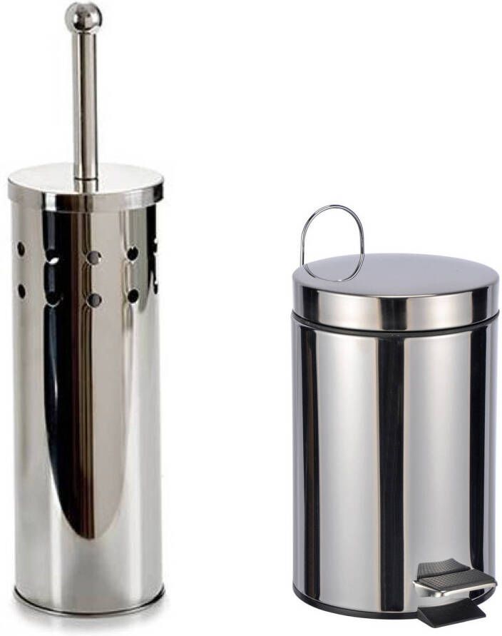 CHI Toiletborstel houder zilver rvs 38 cm met pedaalemmer 3 liter Badkameraccessoireset