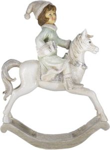 Clayre & Eef Beeld Hobbelpaard 26 cm Beige Groen Kunststof Kerstdecoratie Beeld decoratie Decoratieve Accessoires