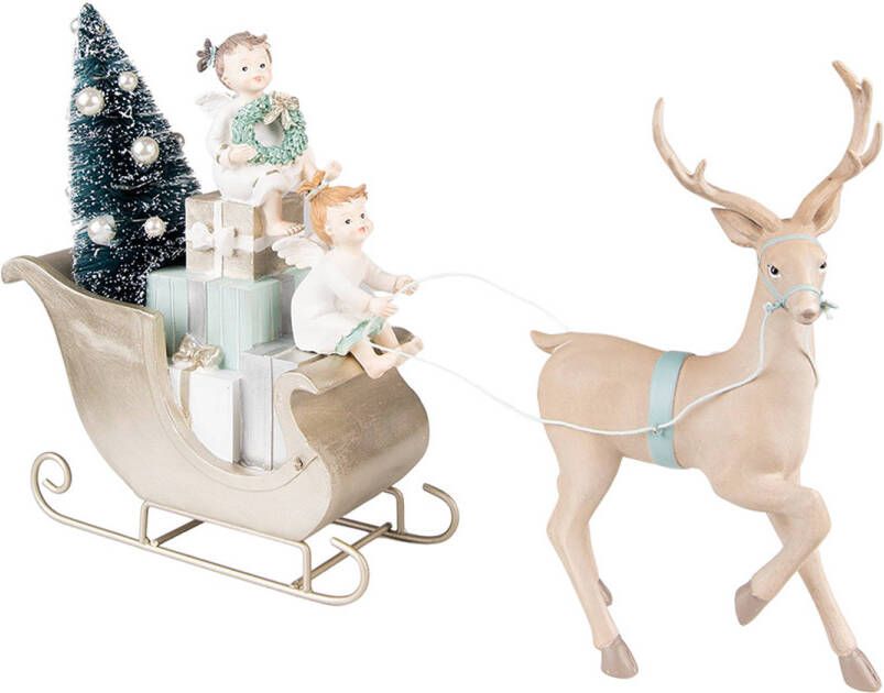 Clayre & Eef Beeld Slee 26 cm Beige Groen Kunststof Kerstdecoratie beeld decoratie Decoratieve Accessoires