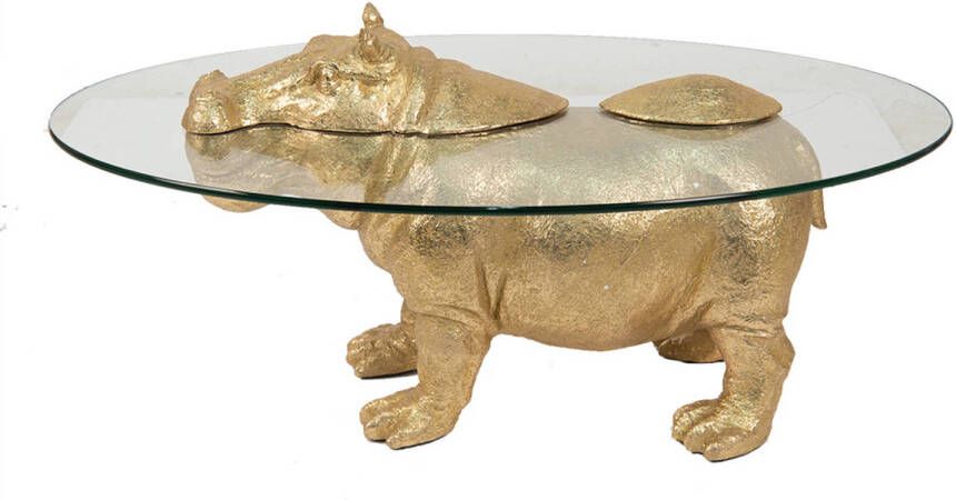 Clayre & Eef Bijzettafel Nijlpaard 80*50*37 cm Goudkleurig Kunststof Glas Side table Tafeltje Woonaccessoires