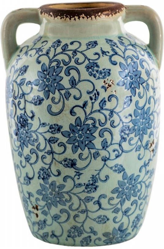 Clayre & Eef Vaas 16*15*24 cm Blauw Bruin Keramiek Rond Bloemen Decoratie Vaas Decoratie Pot Bloempot binnen