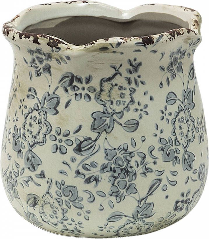 Clayre & Eef Bloempot Ø 15*14 Cm Grijs Beige Keramiek Bloemen Bloempot Binnen Plantenpot Plant Pot Grijs Bloempot