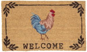 Clayre & Eef Deurmat 75*45 cm Beige Zwart Kokosvezel Pvc Rechthoek Kip en haan Welcome Kokosmat Mat Schoonloopmat
