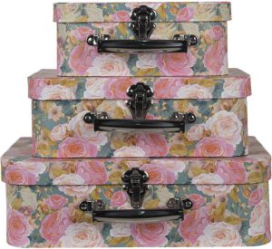 Clayre & Eef Decoratie koffer Set van 3 30x22x10 cm Roze Groen Karton Bloemen Opbergkoffer Koffer