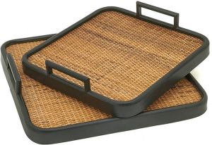 Clayre & Eef Decoratie Dienblad Set van 2 40 cm Bruin Hout Ijzer Serveerschaal Bruin Serveerschaal