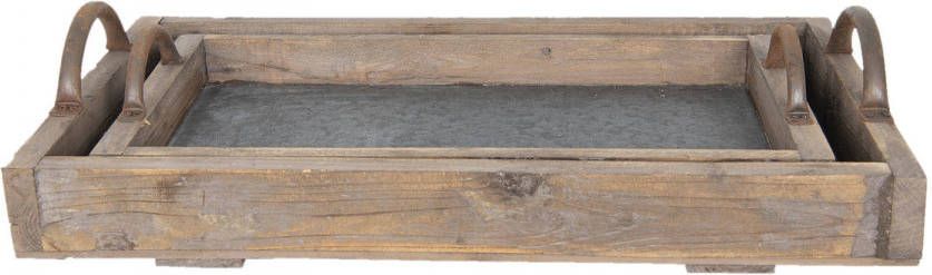 Clayre & Eef Decoratief Dienblad Set van 2 66*37*15 cm 55*28*12 cm Grijs Hout Metaal Rechthoek Serveerschaal Dienbladen