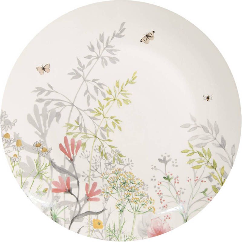 Clayre & Eef Dinerbord Ø 26 cm Wit Porselein Bloemen Eetbord Wit Eetbord