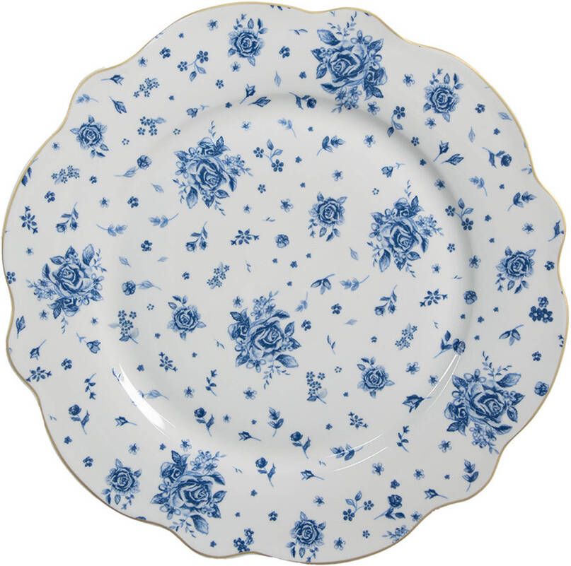 Clayre & Eef Dinerbord Ø 27 cm Wit Blauw Porselein Roosjes Eetbord Blauw Eetbord