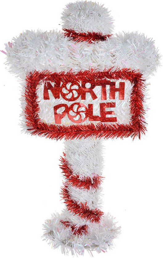 Clayre & Eef Kerst Tekstbord Sign 20x5x36 cm Rood Wit Kunststof NORTH POLE Rood