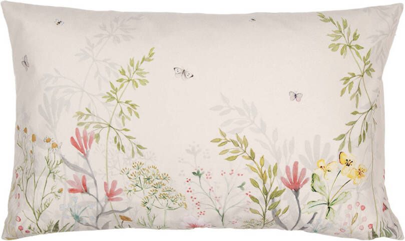 Clayre & Eef Kussenhoes 30x50 cm Beige Groen Polyester Bloemen Sierkussenhoes Beige Sierkussenhoes