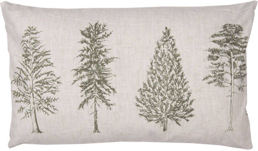 Clayre & Eef Kussenhoes 30x50 cm Beige Groen Polyester Dennenbomen Sierkussenhoes Beige Sierkussenhoes