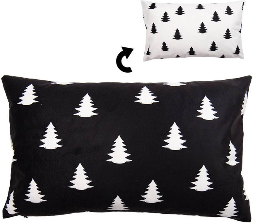 Clayre & Eef Kussenhoes 30x50 cm Wit Zwart Polyester Rechthoek Kerstboom Sierkussenhoes Wit Sierkussenhoes