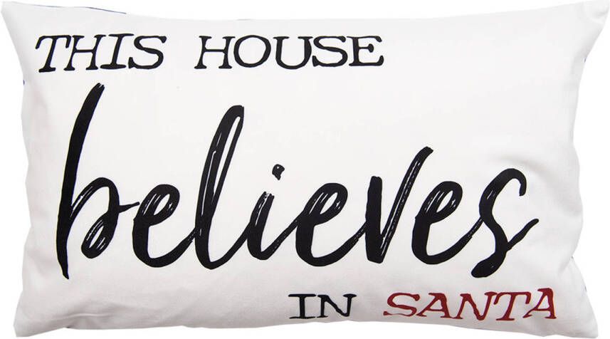 Clayre & Eef Kussenhoes 30x50 cm Wit Zwart Polyester Rechthoek This house believes in Santa Sierkussenhoes Wit