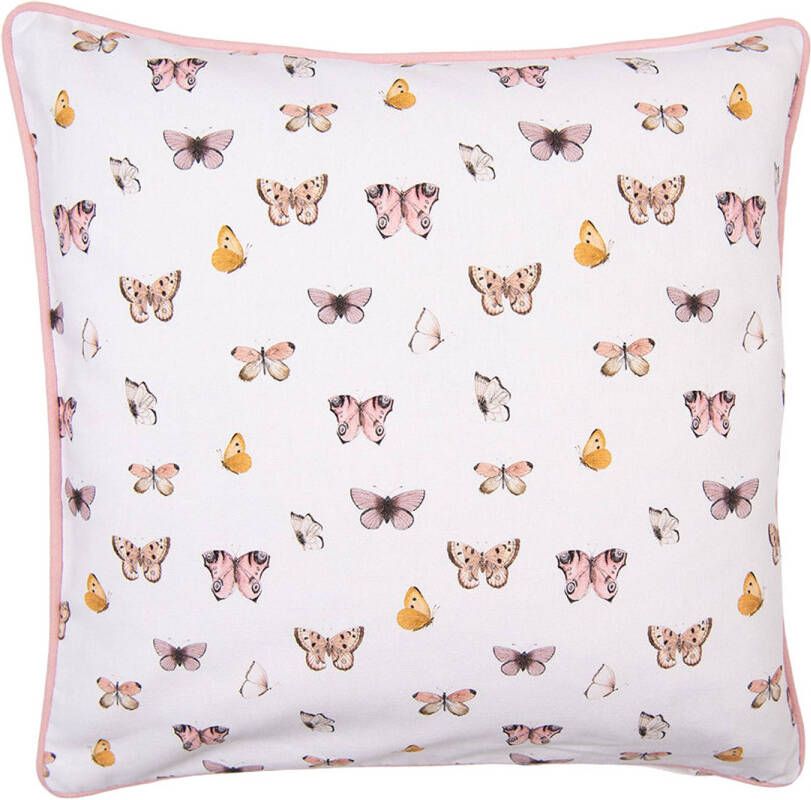 Clayre & Eef Kussenhoes 40x40 cm Beige Roze Katoen Vlinders Sierkussenhoes Beige Sierkussenhoes