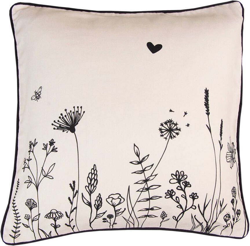 Clayre & Eef Kussenhoes 40x40 cm Beige Zwart Katoen Bloemen Sierkussenhoes Beige Sierkussenhoes