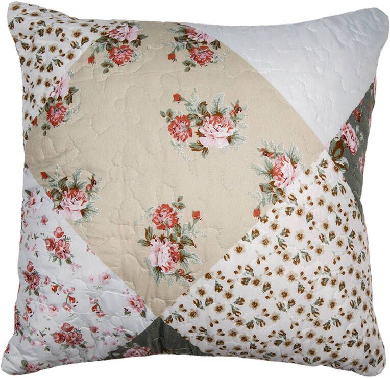 Clayre & Eef Kussenhoes 40x40 cm Groen Beige Polyester Bloemen Sierkussenhoes Groen Sierkussenhoes