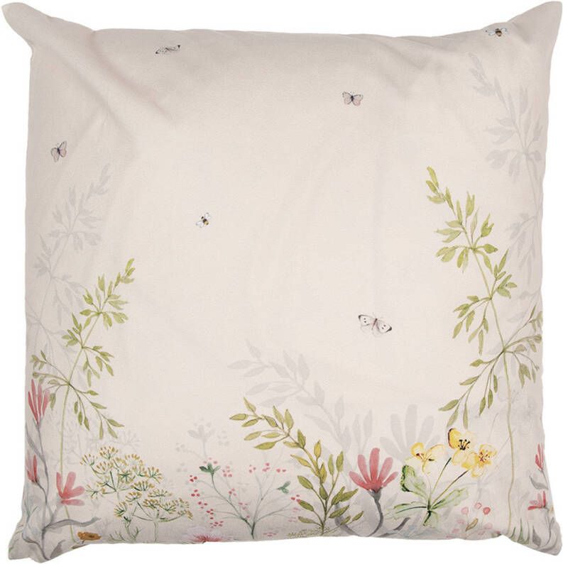 Clayre & Eef Kussenhoes 45x45 cm Beige Groen Polyester Bloemen Sierkussenhoes Beige Sierkussenhoes