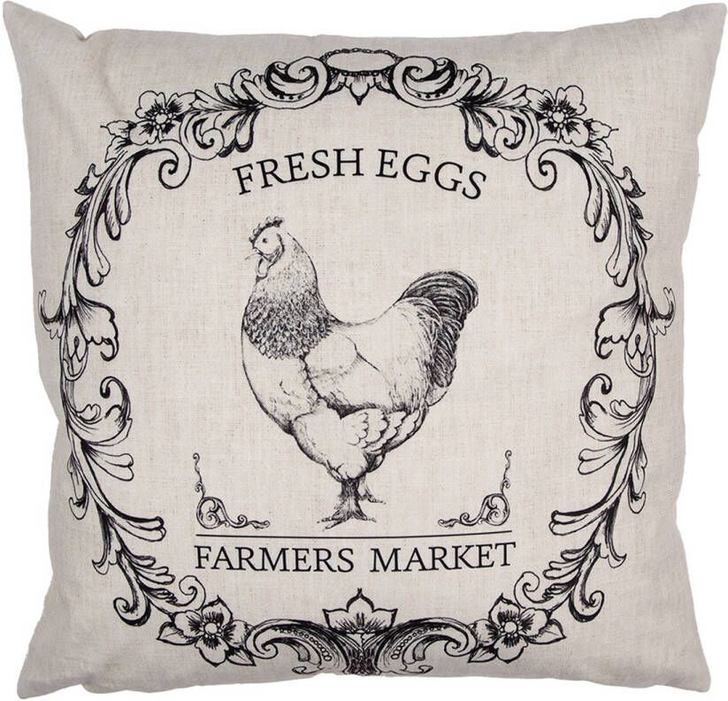 Clayre & Eef Kussenhoes 45x45 cm Beige Zwart Polyester Haan FARMERS MARKET Sierkussenhoes Beige Sierkussenhoes