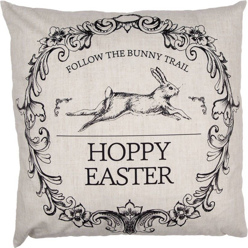 Clayre & Eef Kussenhoes 45x45 cm Beige Zwart Polyester Konijn HOPPY EASTER Sierkussenhoes Beige Sierkussenhoes