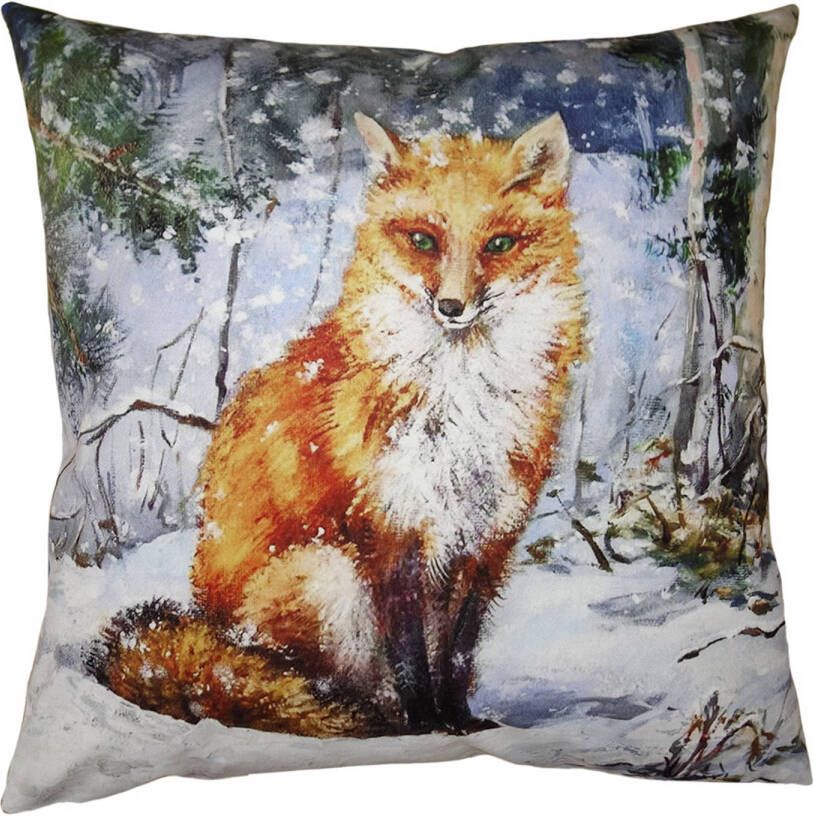 Clayre & Eef Kussenhoes 45x45 cm Bruin Blauw Polyester Vos Sierkussenhoes Bruin Sierkussenhoes