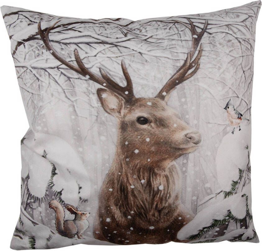 Clayre & Eef Kussenhoes 45x45 cm Bruin Wit Polyester Hert Sierkussenhoes Bruin Sierkussenhoes