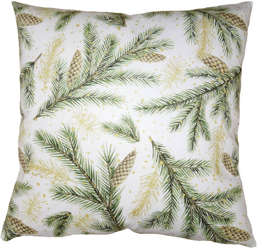 Clayre & Eef Kussenhoes 45x45 cm Groen Wit Polyester Dennenappels Sierkussenhoes Groen Sierkussenhoes