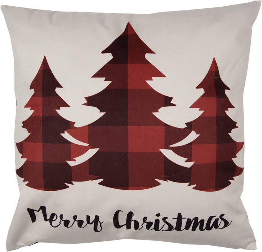 Clayre & Eef Kussenhoes 45x45 cm Rood Beige Polyester Kerstbomen Merry Christmas Sierkussenhoes Rood Sierkussenhoes