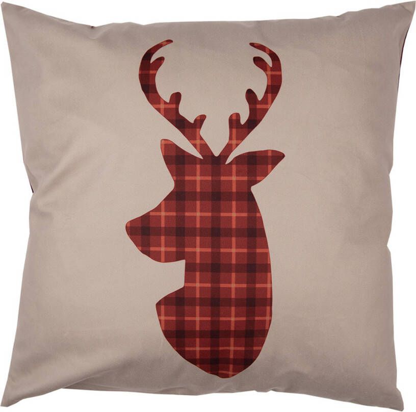 Clayre & Eef Kussenhoes 45x45 cm Rood Bruin Polyester Hert Sierkussenhoes Rood Sierkussenhoes