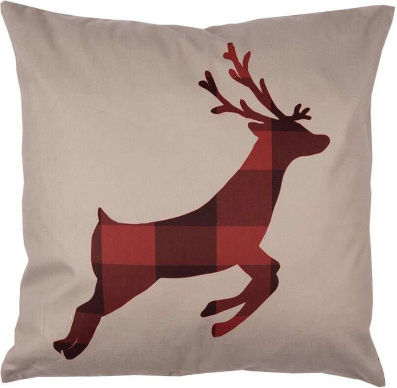 Clayre & Eef Kussenhoes 45x45 cm Rood Bruin Polyester Hert Sierkussenhoes Rood Sierkussenhoes