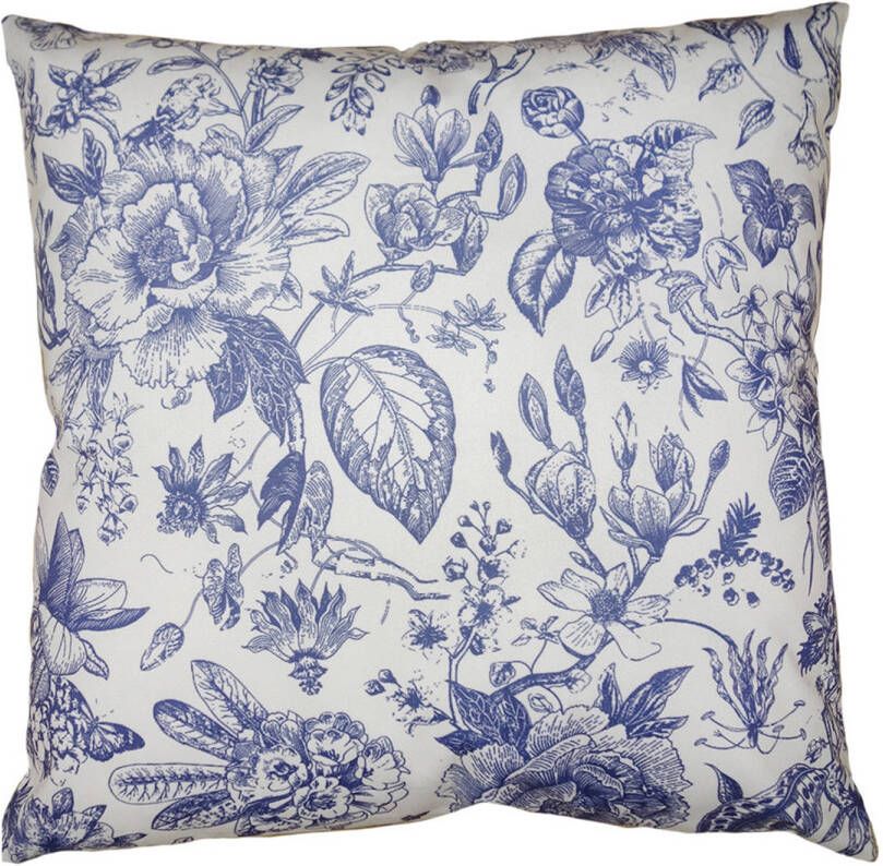 Clayre & Eef Kussenhoes 45x45 cm Wit Blauw Polyester Bloemen Sierkussenhoes Wit Sierkussenhoes