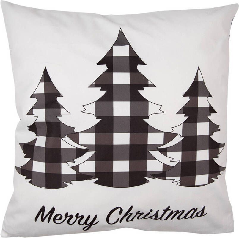 Clayre & Eef Kussenhoes 45x45 cm Wit Zwart Polyester Kerstbomen Merry Christmas Sierkussenhoes Wit Sierkussenhoes