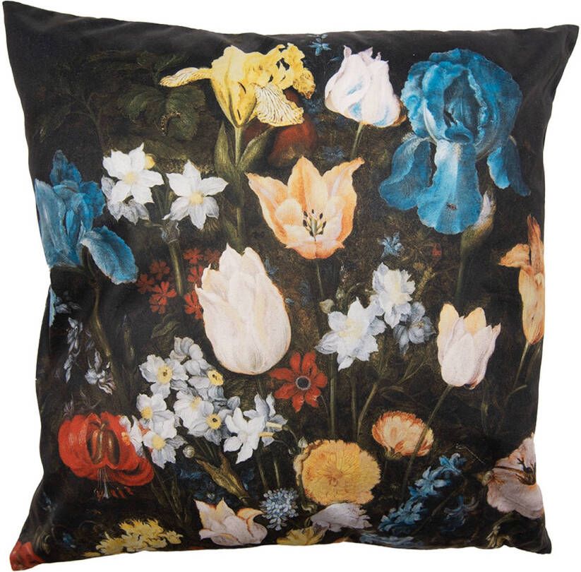 Clayre & Eef Kussenhoes 45x45 cm Zwart Polyester Bloemen Sierkussenhoes Zwart Sierkussenhoes