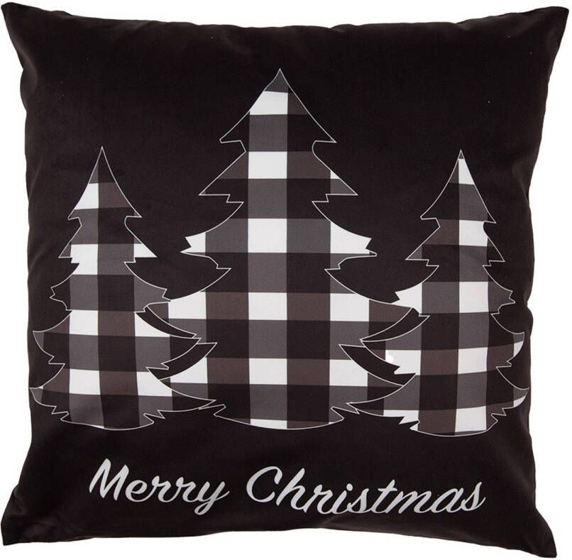 Clayre & Eef Kussenhoes 45x45 cm Zwart Wit Polyester Kerstbomen Merry Christmas Sierkussenhoes Zwart Sierkussenhoes