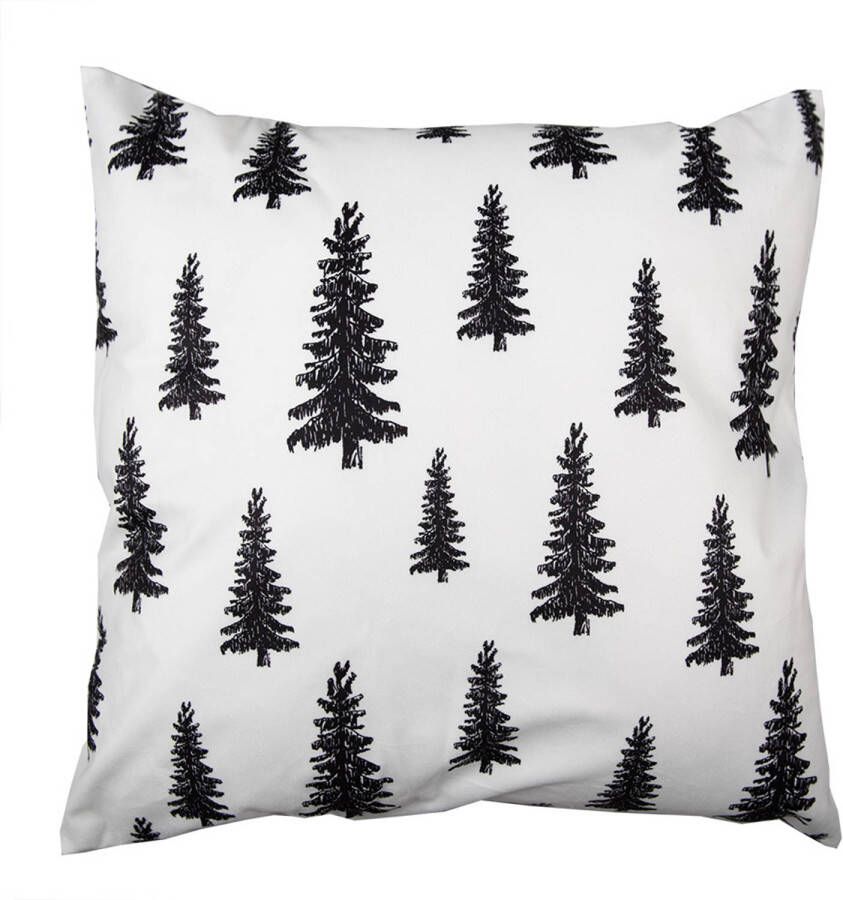 Clayre & Eef Kussenhoes 45x45 cm Zwart Wit Polyester Kerstbomen Sierkussenhoes Zwart Sierkussenhoes