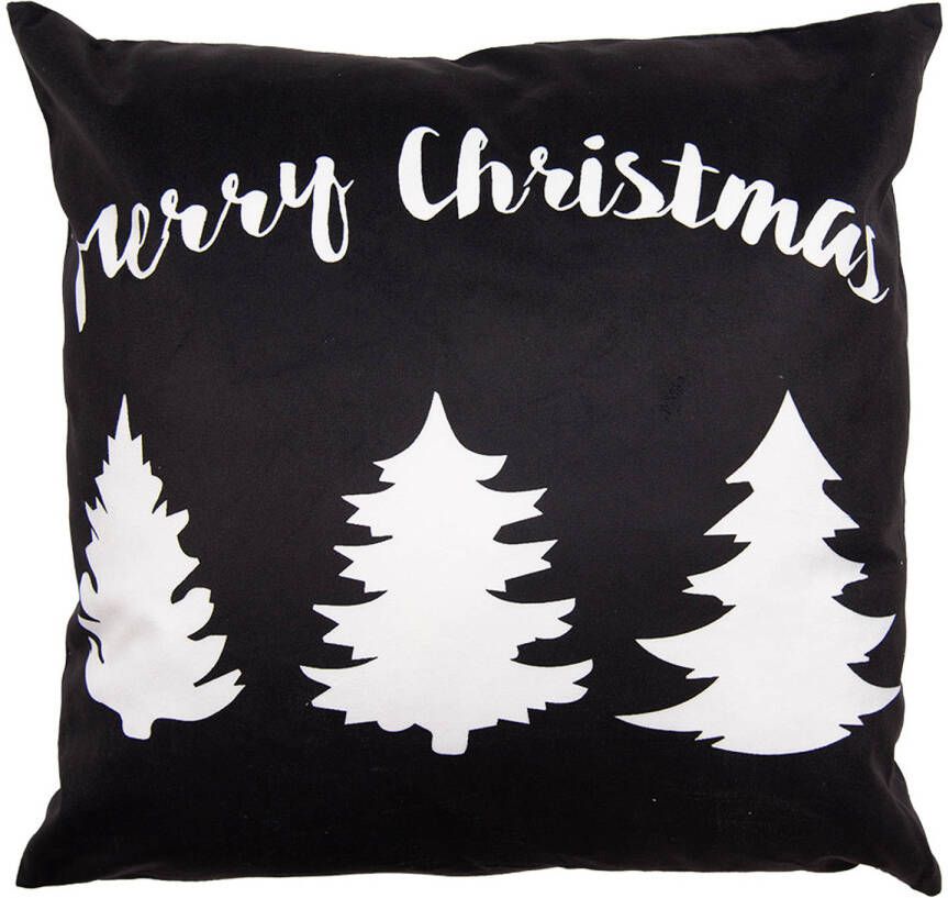 Clayre & Eef Kussenhoes 45x45 cm Zwart Wit Polyester Vierkant Kerstboom Merry Christmas Sierkussenhoes Kussen hoes