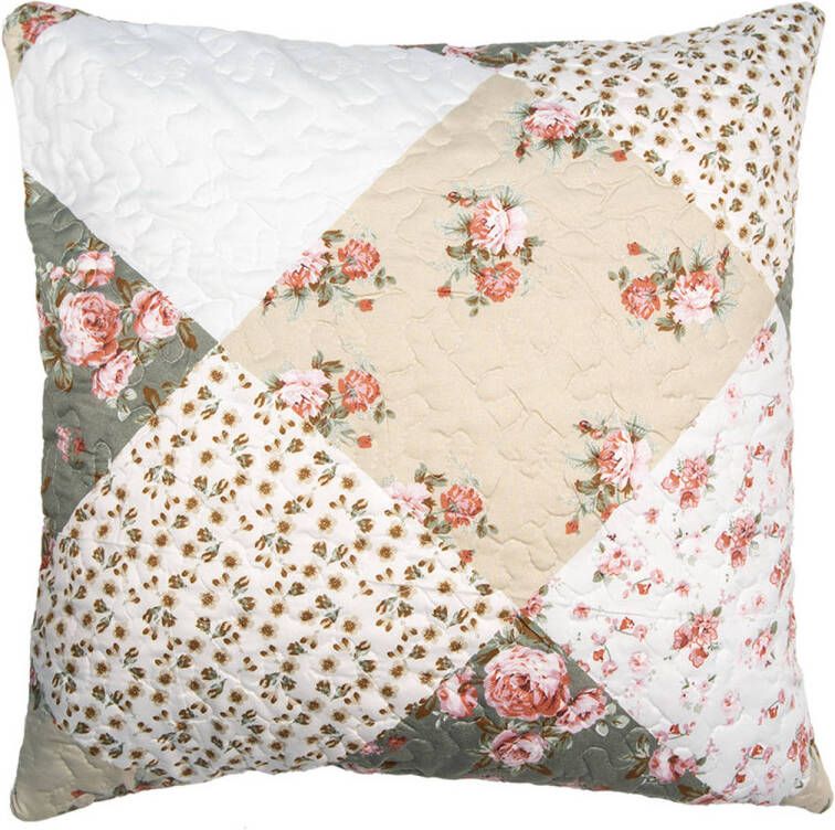 Clayre & Eef Kussenhoes 50x50 cm Groen Beige Polyester Bloemen Sierkussenhoes Groen Sierkussenhoes