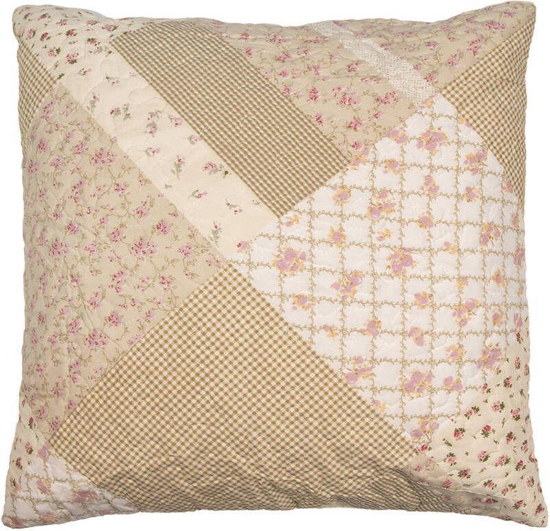 Clayre & Eef Kussenhoes 50x50 cm Groen Beige Polyester Bloemen Sierkussenhoes Groen Sierkussenhoes