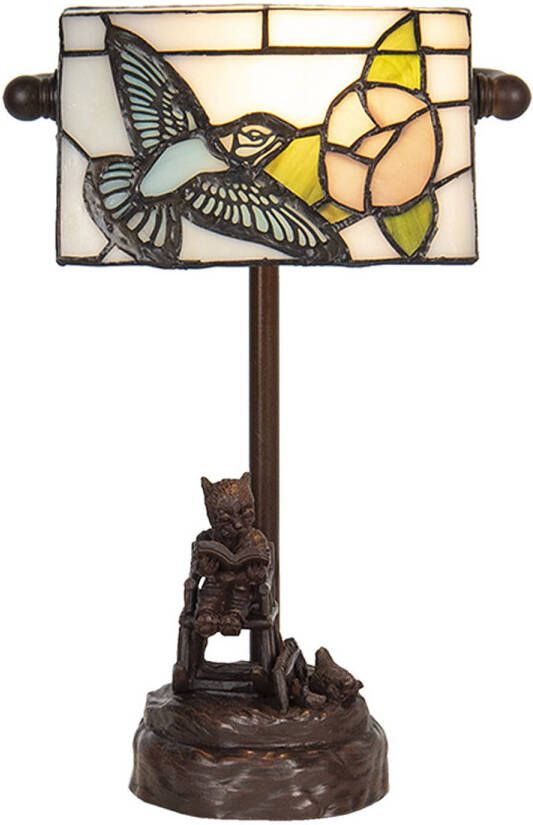 Clayre & Eef LumiLamp Bureaulamp Bankierslamp Tiffany 15*33 cm Meerkleurig Polyresin Glas Vogel Tafellamp Glas in Lood TafellampGlas in Lood