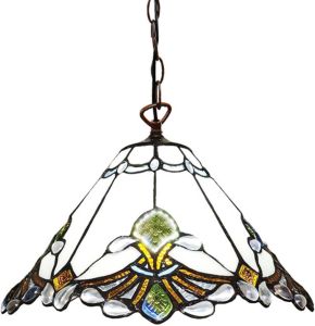 Clayre & Eef Lumilamp Hanglamp Tiffany Ø 31x107 Cm Wit Bruin Glas Metaal Hanglamp Eettafel Hanglampen Eetkamer Glas In Lood Wit