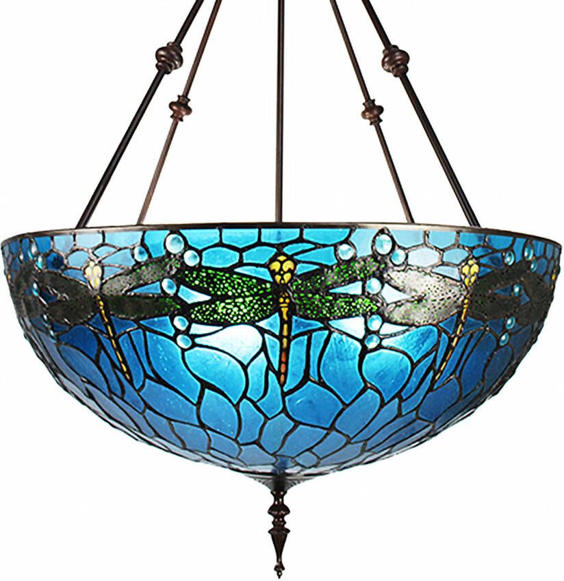 Clayre & Eef LumiLamp Hanglamp Tiffany Ø 61x190 cm Blauw Groen Metaal Glas Libelle Hanglamp Eettafel Blauw Hanglamp Eettafel
