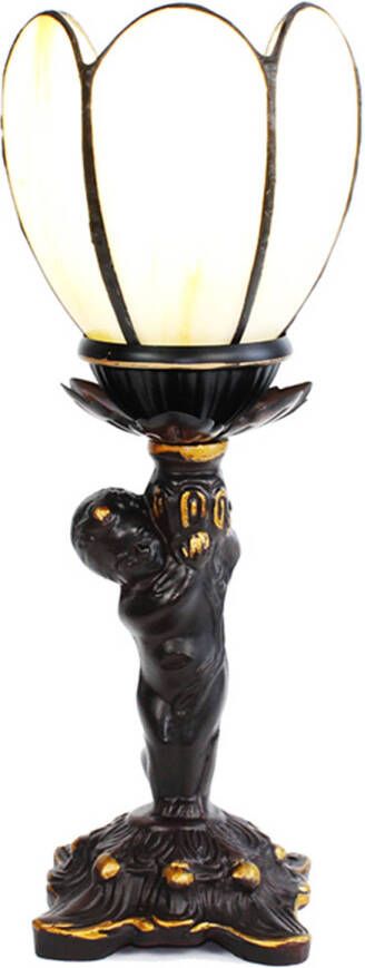 Clayre & Eef LumiLamp Tiffany Tafellamp 12x12x30 cm Beige Glas Kunststof Tiffany Bureaulamp Beige Tiffany Bureaulamp