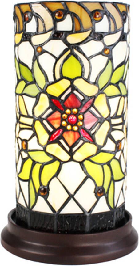 Clayre & Eef LumiLamp Tiffany Tafellamp Ø 15x26 cm Groen Beige Glas Rond Bloem Tiffany Bureaulamp Groen Tiffany Bureaulamp